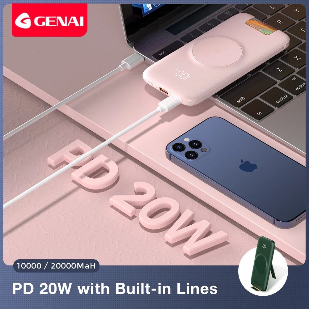 Najtaniej Genai 20000mAh Power Bank Z Wbudowanymi Kablami Linie ładowania ładowarka PD Przenośne Bezprzewodowe Powerbanks Bateria Zewnętrzna Mobilna