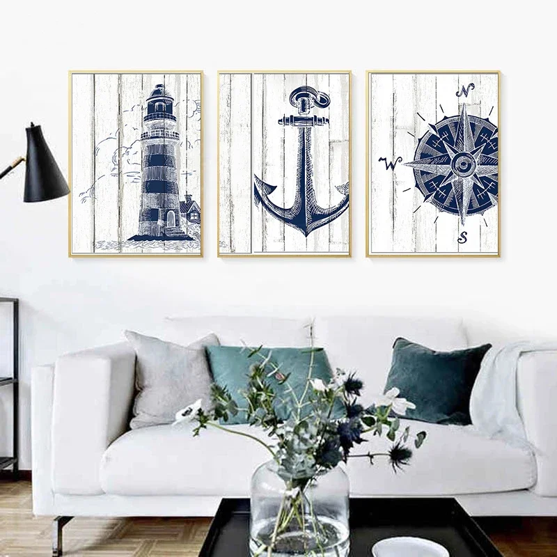 Морская диаграмма маяк якорь компас картина на холсте