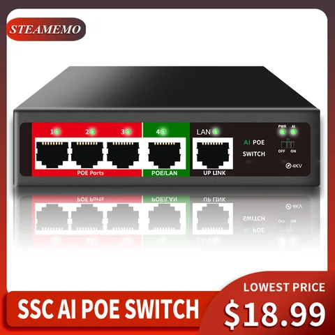 Сетевой коммутатор STEAMEMO SSC series, 100 м, 4 порта, 48 В, активный PoE, встроенный в сеть Ethernet 52 Вт для IP-камеры, беспроводной AP