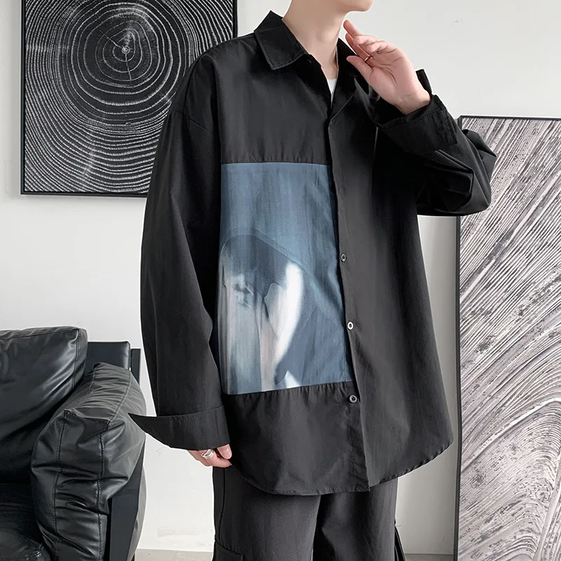 

Summer Splicing Shirt Men's Long Sleeved Vintage Longs Leeve Tuen-down Collar Ins Korean Style Casual Black tops