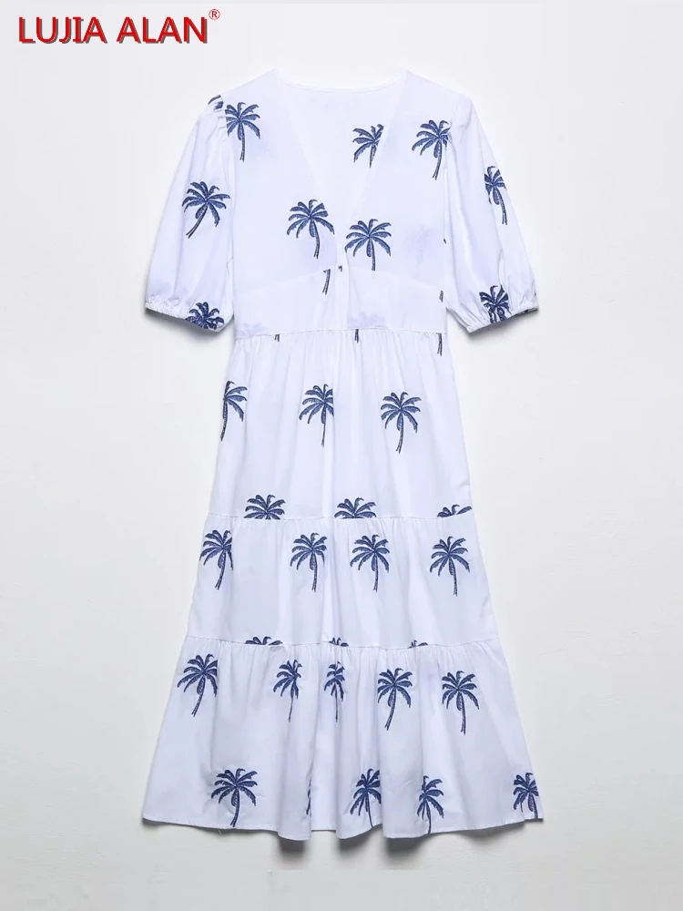 

Женское платье с V-образным вырезом и вышивкой в виде кокосового дерева, летнее женское платье миди с пышными рукавами, платья LUJIA ALAN D9968