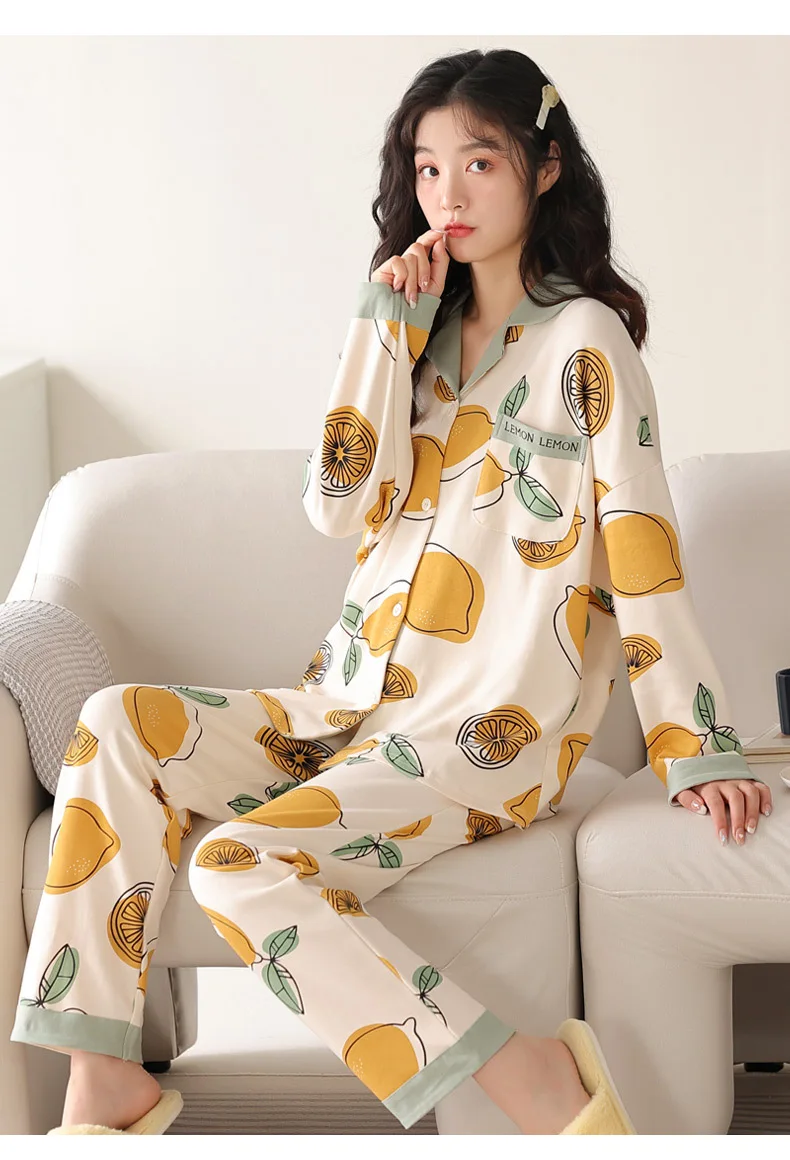 Yasuk Spring Autumn Fashion Women Casual Soft Print Sleepwear Homewear Pajamas With Pants Sweet Fruits Lemon Girl Simple Cotton