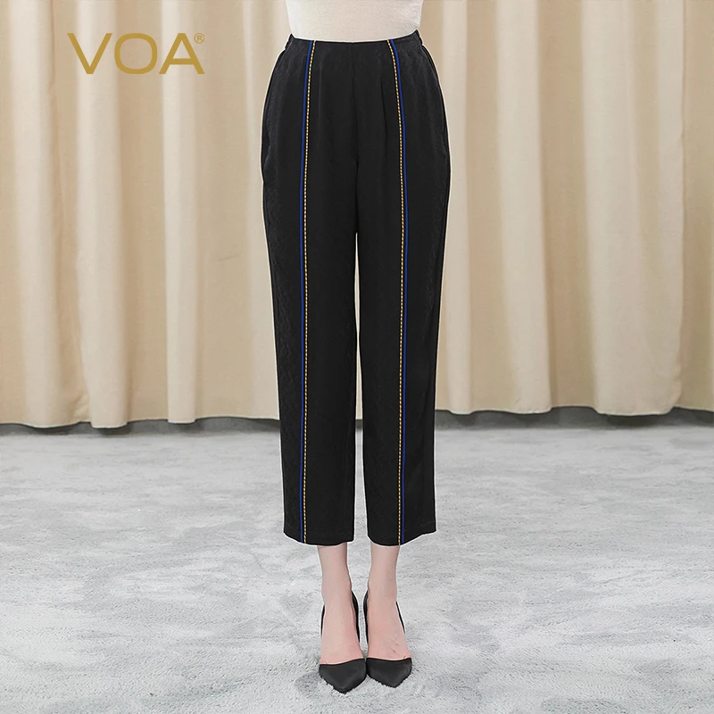 

VOA 22m/m Silk Jacquard Natural Elastic Waist Mysterious Black and Yellow Line Decoration Oblique Pocket Nine Harem Pants KE218