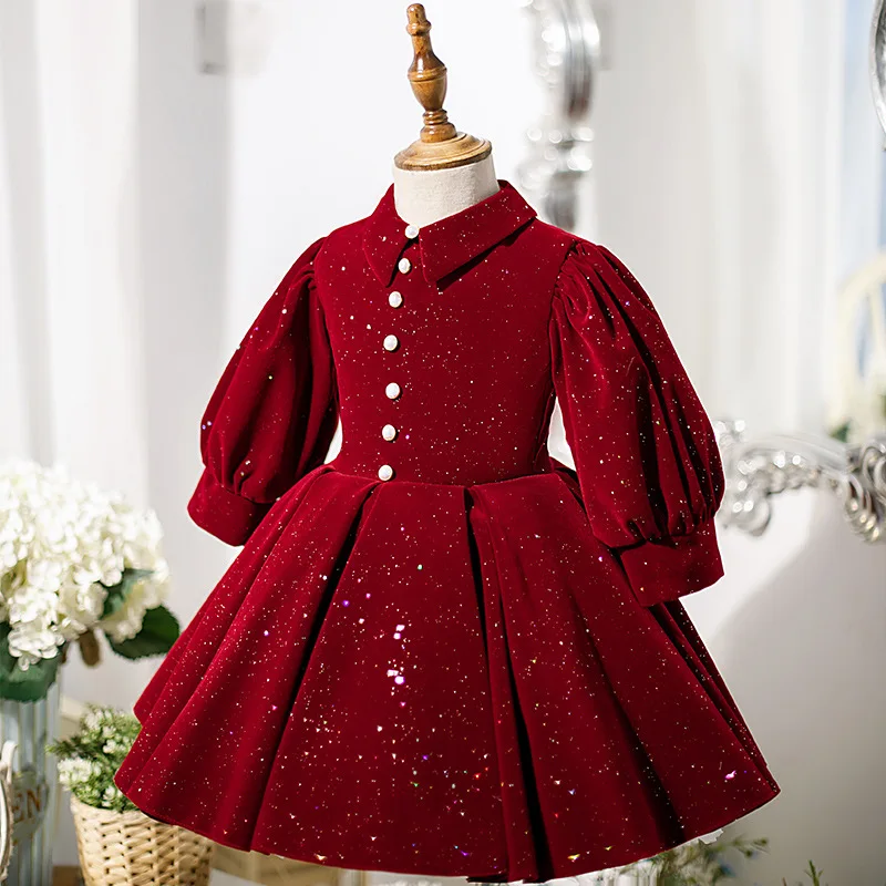 

Girls' high-end dress children's red velvet flower children host children's birthday princess skirt