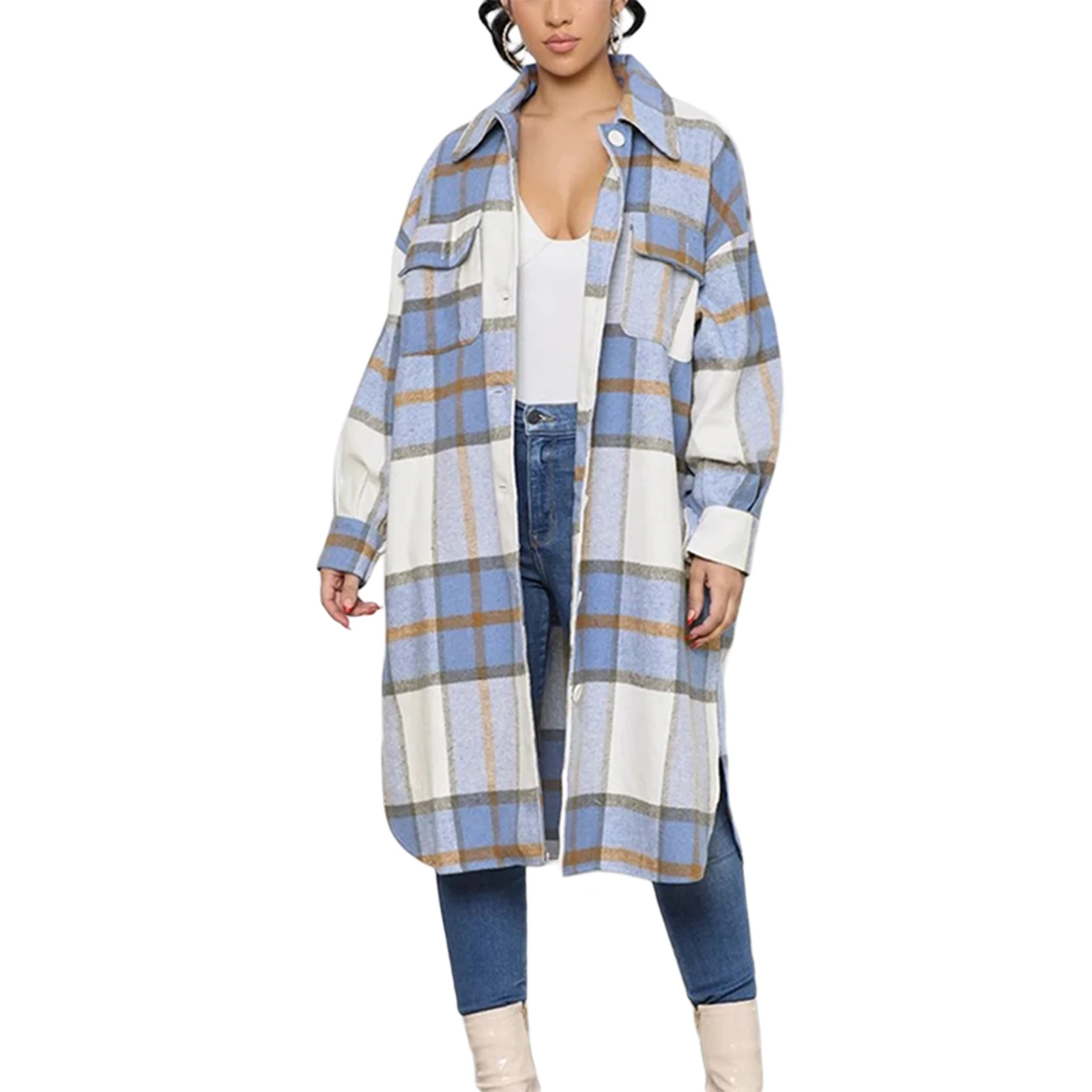 

New Women's Spring Autumn Casual Outerwear Long Sleeve Turn Down Collar Plaid Shirt Coat