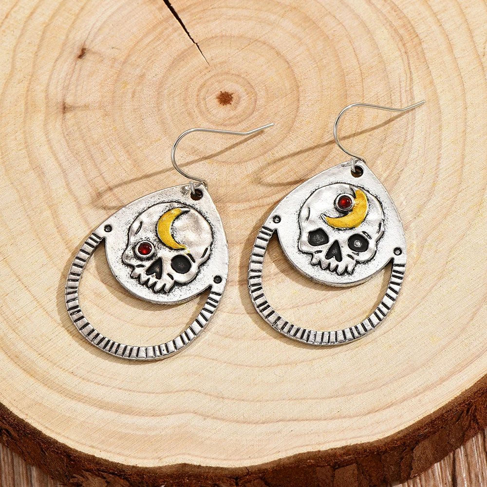 

Gothic Carved Mysterious Moon Phase Skull Earrings Women Vintage Personality Inlaid Red Crystal Dangle Earrings Ladies Gifts