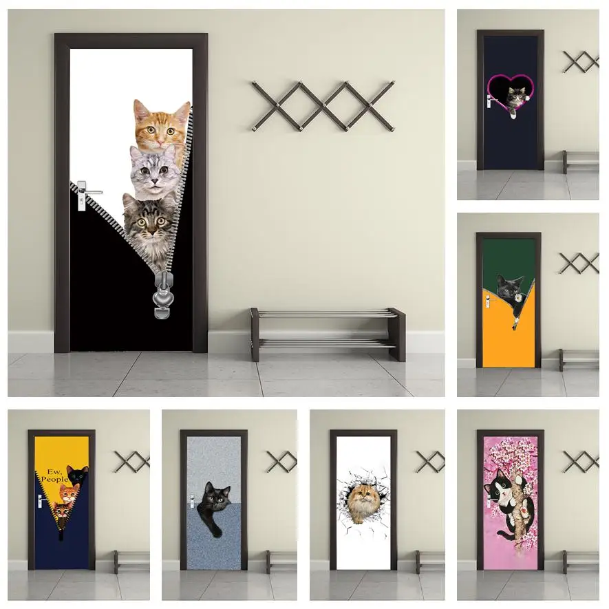 Cute Cat Door Stickers For toile Bedroom Wallpaper Simple Animal  Mural Home Decor Self-adhesive Poster Vinyl Decal deursticker