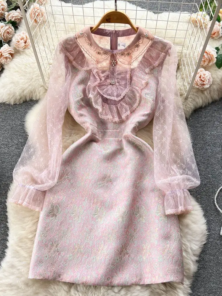 2022 Vintage Women Flare Sleeve Slim Beaded Lace Patchwork Dress New Fashion Runway Ruffles Pink Juquard Dress Vestidos