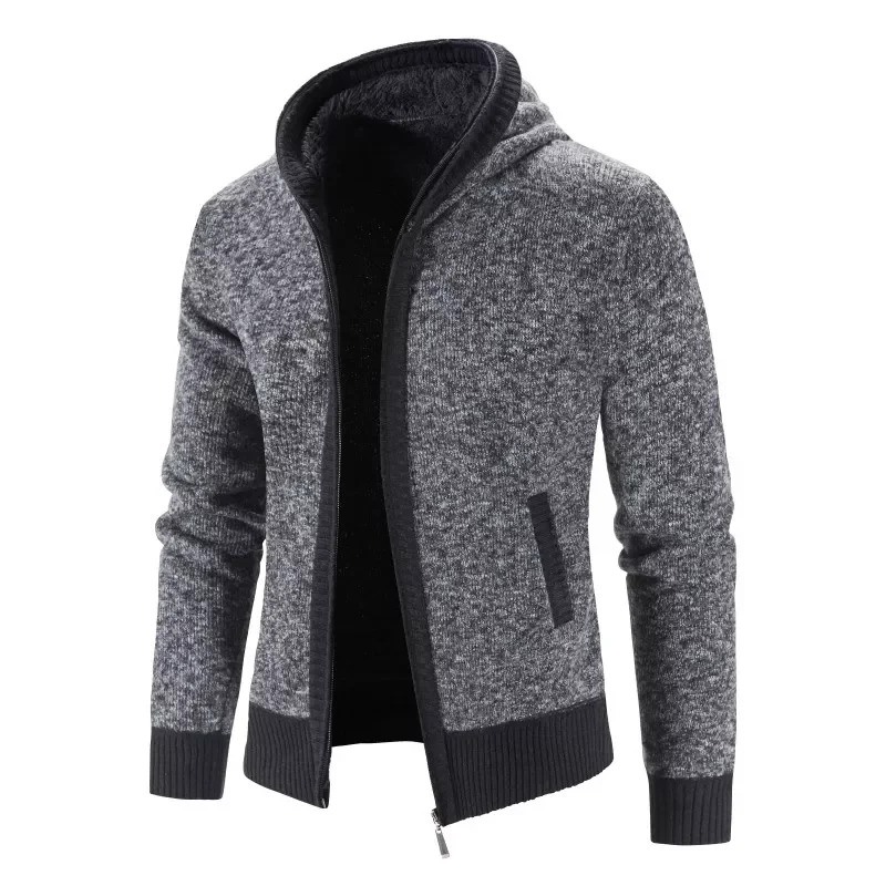 

New2022 Fleece Cardigan Men Hooded Warm Sweatercoat Thick Patchwork Fashion Winter Sweater Jacket Men Knitted Cardigan Coats Man
