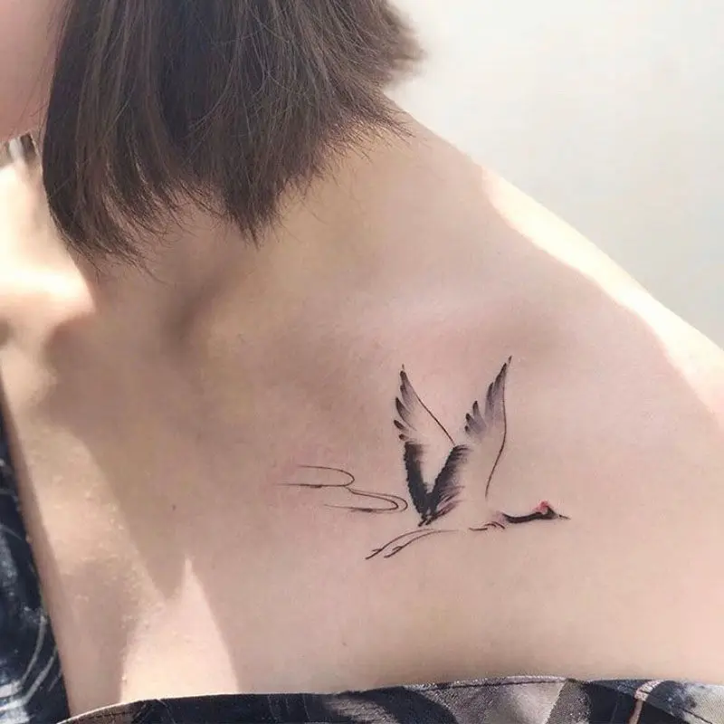 

2022 New Ink Wash Painting Flying Red-crowned Cranes Art Waterproof Tattoo Stickers for Woman Man Body Temporary Tattoo Bird