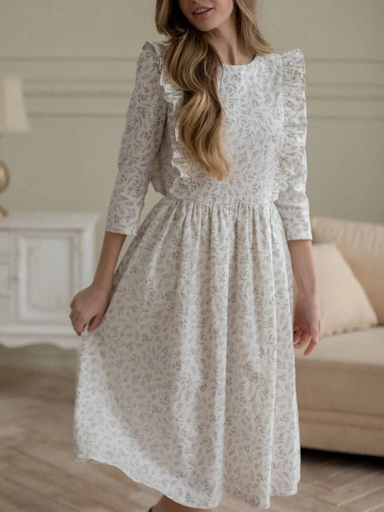 

Платье женское с круглым вырезом, милый офисный сарафан с белыми цветами, листьями лотоса, с рукавами, нечеткое, большие размеры, на лето