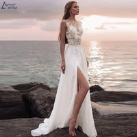 o neck beach wedding dress for women chiffon lace appliques high side split bridal dresses boho wedding gowns vestido de novia