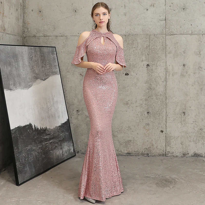

Aoottii Pink Sequin Evening Dress Hollow Out Elegant Off Shoulder Party Maxi Dress Long Prom Dress