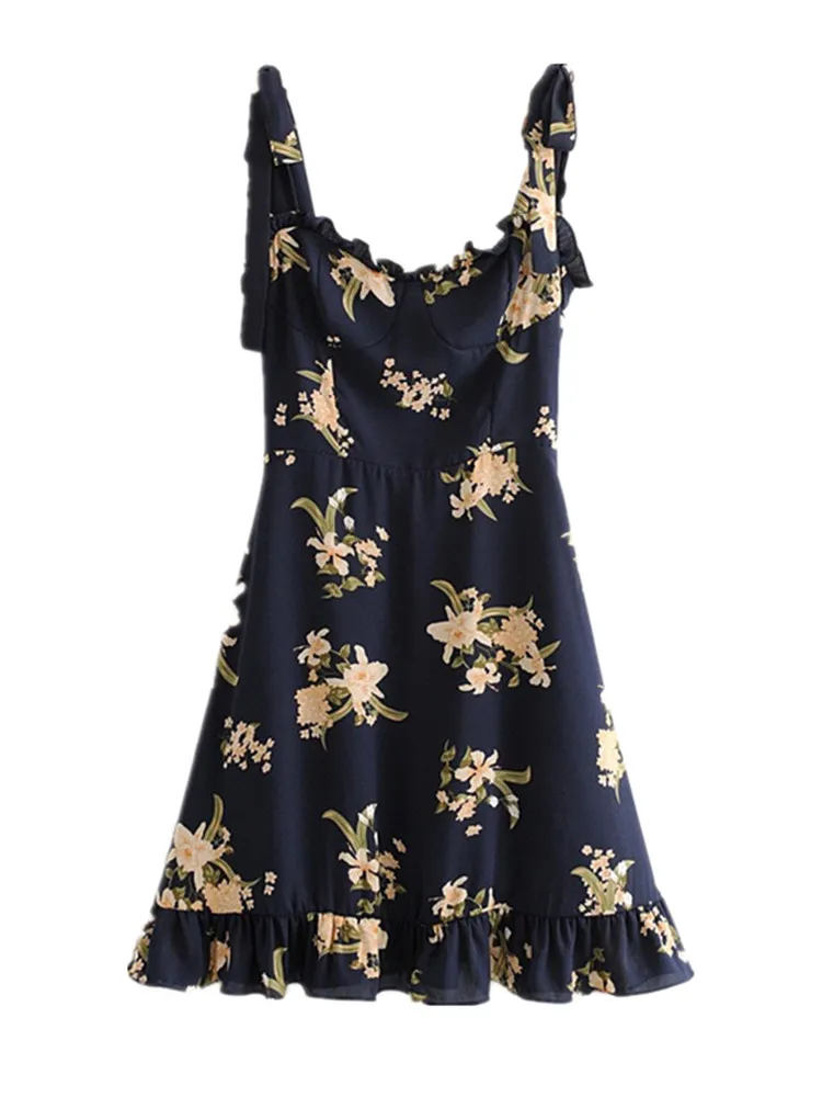 

Summer Retro French Style Black Grass Flower Print Bandage Tide Bow Strap Ruffles Hem Short Dress Sexy Women Sling Holiday Robe