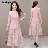 2022 womens autumn new suit jacket dress suit korean elegant casual blazers coat flower midi dresses two piece set female skirt