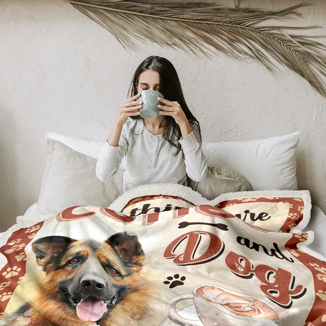 BlessLiving Coffee And Dog Sherpa Fleece Blanket Super Soft Kawaii Puppy Animal Pattern Blanket Girls Bedroom Decor Dropshipping 4