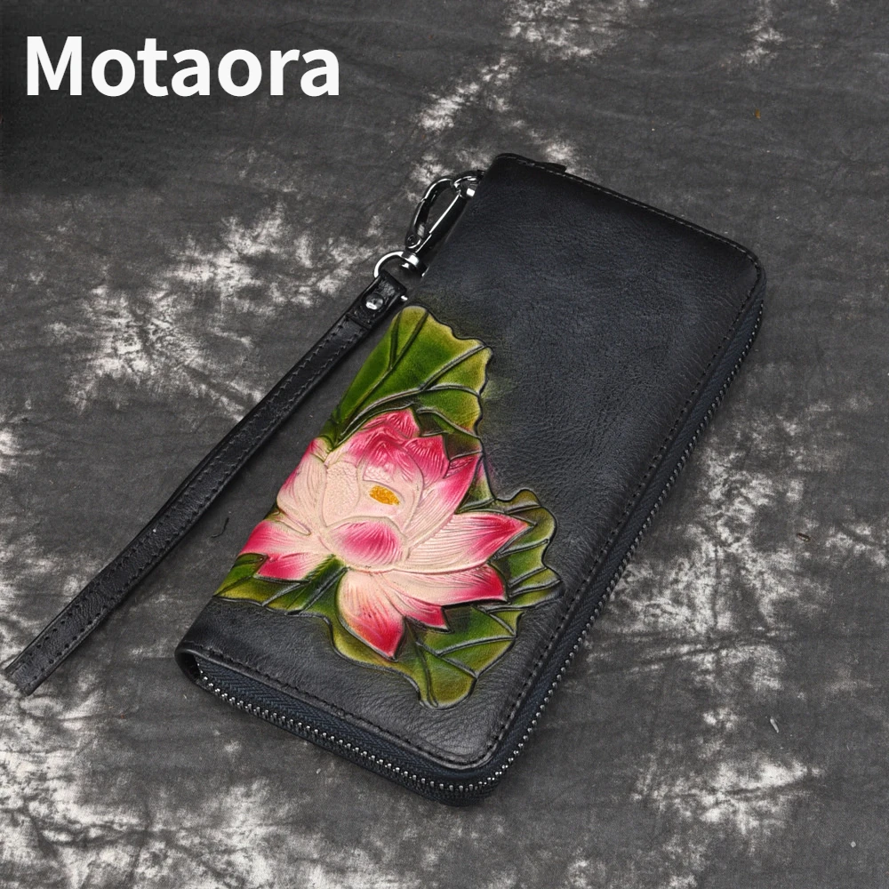 MOTAORA Vintage Handmade Women Genuine Leather Wallets 2022 New Cowhide Ladies Cash Clutch Card Holder Floral Woman Long Purse