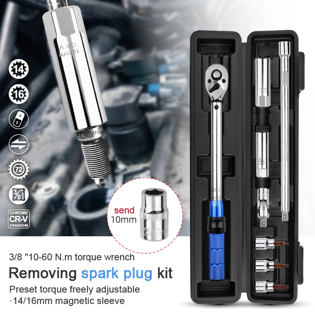 

3/8 Inch 10-60N.m Drive Click Torque Wrench Set Ultra-Thin Spark Plugs Sleeve Removal Tool Dual-Direction Adjustable Spanner