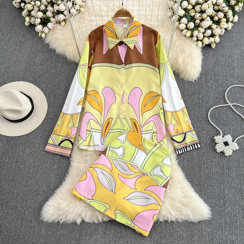 

VANOVICH Fashion Female European and American Personality Print Loose Long-sleeved Shirt High Waist A-line Skirt Two-piece Set
