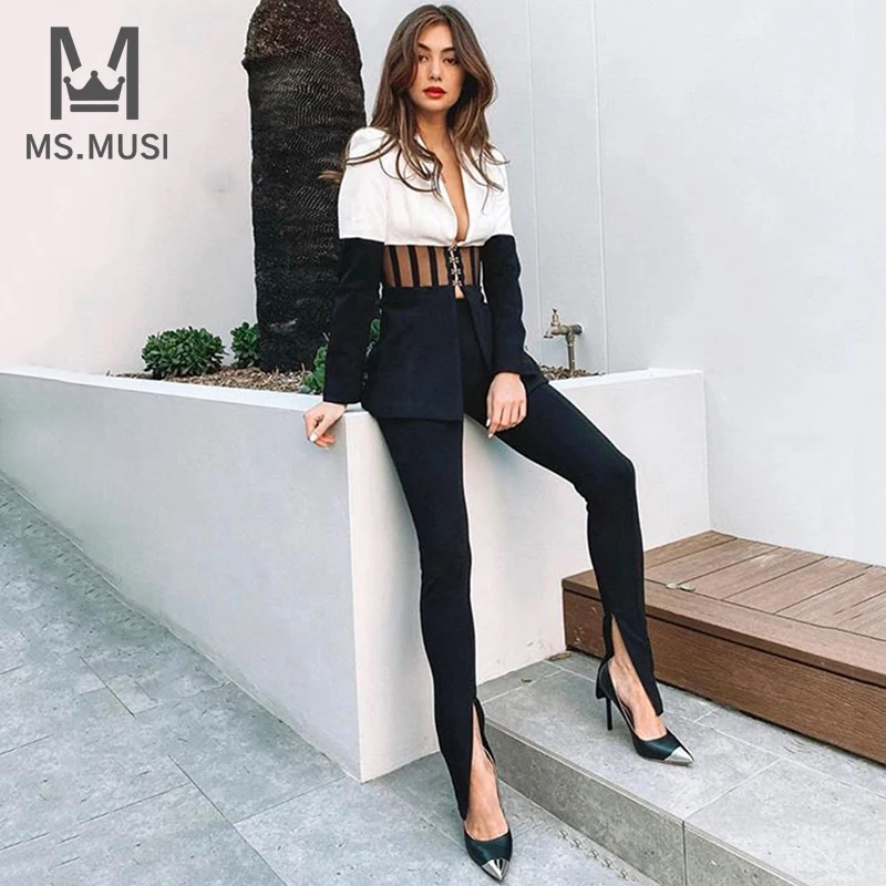 

Новинка 2023, Модный женский пикантный кружевной комплект MSMUSI из двух предметов, облегающий блейзер с длинным рукавом, Женский костюм-каранда...