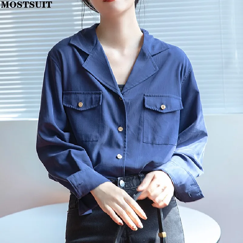 

Женская Однотонная рубашка с лацканами, элегантная однобортная блузка с отложным воротником и карманами, весна 2022