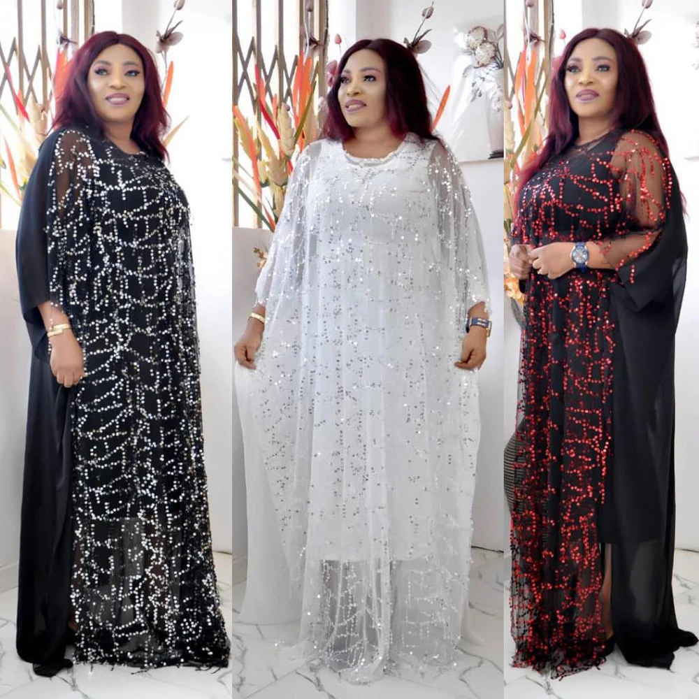 

2023 African Dresses for Women Dashiki Loose Lace Dress Ankara Boubou African Clothes Evening Robe Abay Dubai Muslim Long Dress