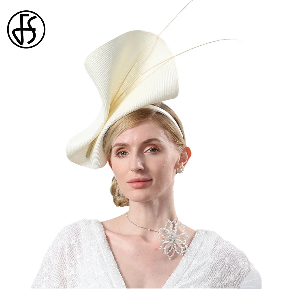 FS Fascinators Beige White Wedding Hats For Women Cocktail Tea Party Fedora Vintage Lady Elegant Church Dress Kentucky Derby Cap