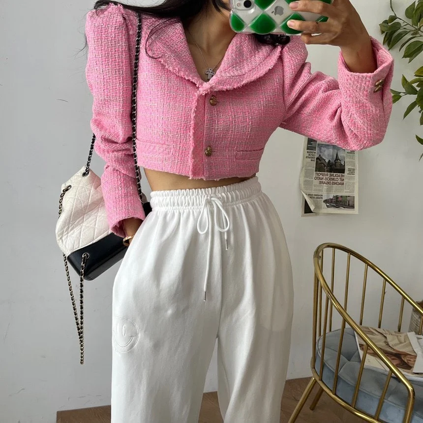 

Women's Elegant Tweed Puff Sleeve Crop Jacket Spring Autumn High Street Korean Style Short Outwear Lady Sweet Jacket Top