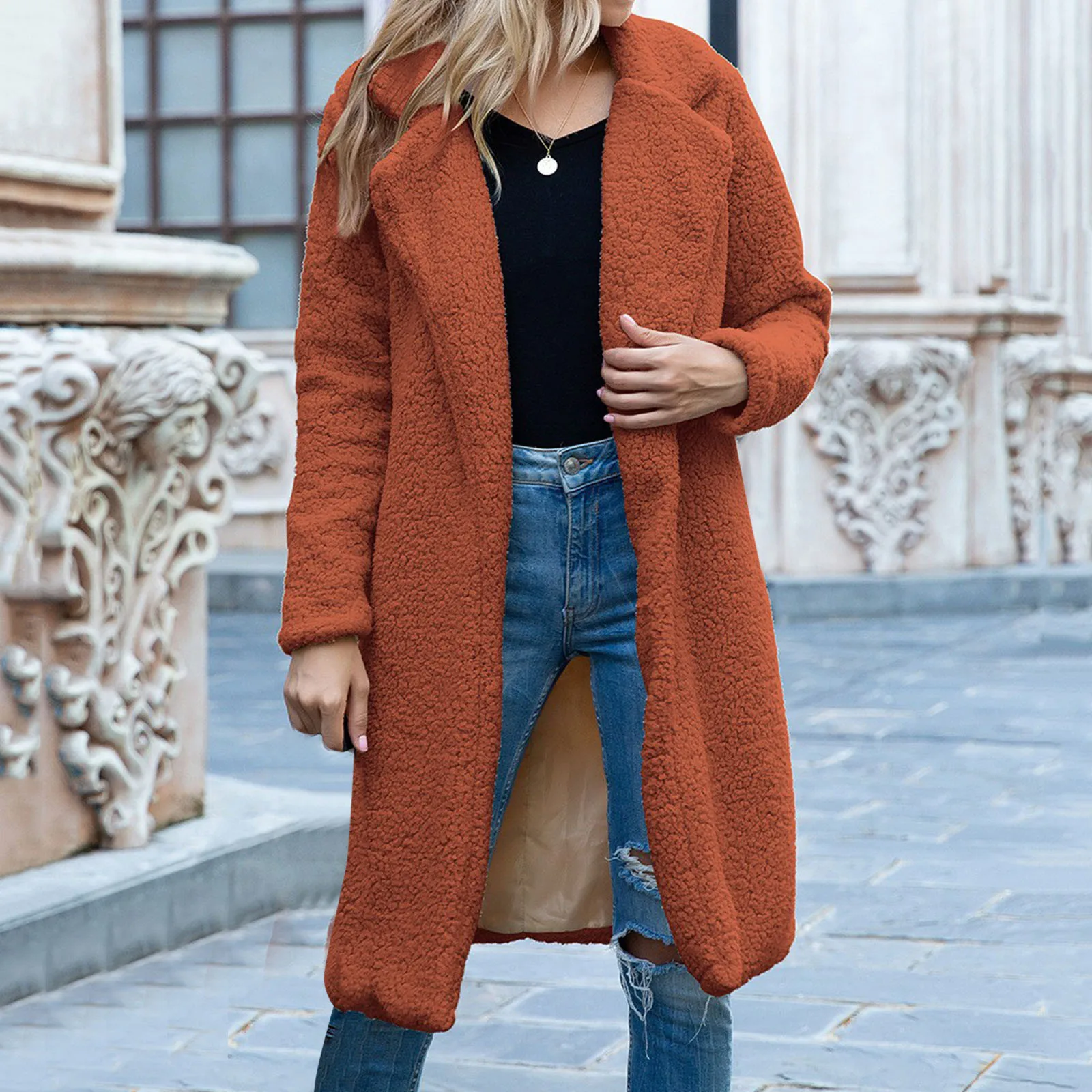 

Ladies Fashion Solid Color Long Sleeve Mid Length Lamb Velvet Coat Wool Turn Down Collar Vitnage Coats For Women Autumn Winter 4