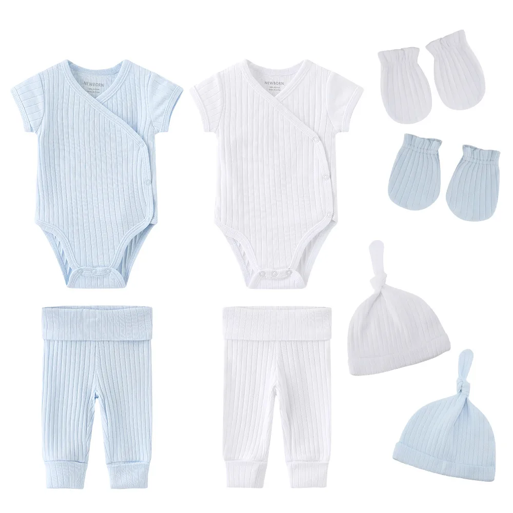 

Newborn Cotton Baby Girl Clothes Solid Bodysuits+Pants+Hats+Gloves Unisex Baby Boy Clothes Sets Summer Short Sleeve