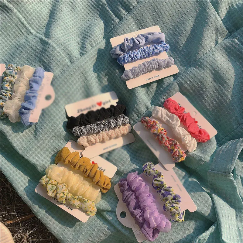 

3Pcs Flowers Hair Rope Set Chiffon Net Yarn Scrunchies Organza Ponytail Hair Ties Blue Pink Elastic Hair Rubber Bands