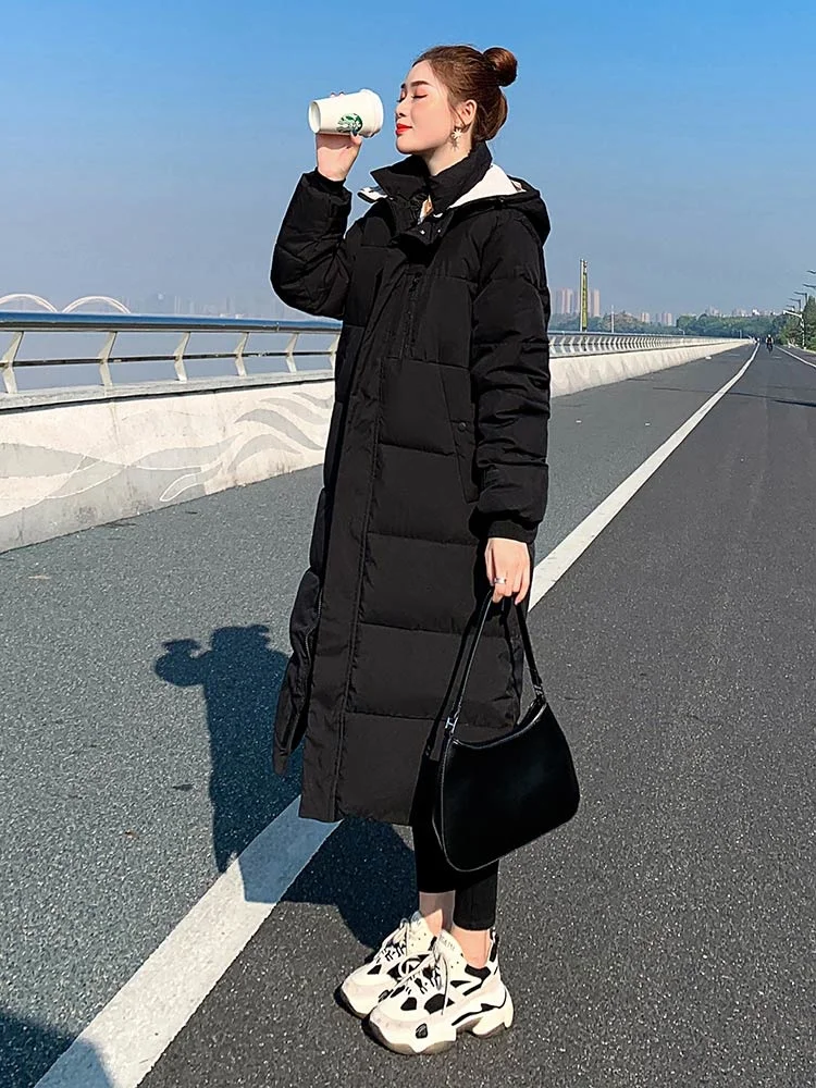 Parka Coat Extra Long Winter Jacket Women Hooded Pocket Zipper Female Lady Windbreaker Coat Casual Outwear Clothes