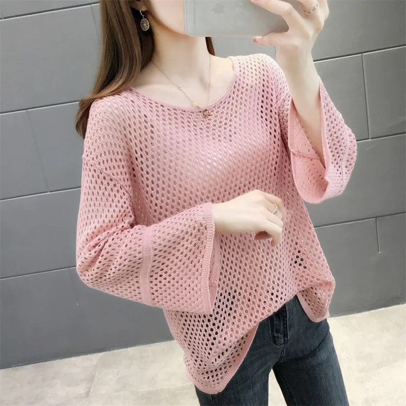 2023 Spring and Summer New Cutout Blouse Knitwear Korean Style Loose Large Size Sweater Top Women's Trendy Begger Dress Women's