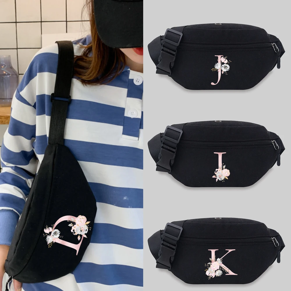 

2022 Popular Student Bum Bag Pink flower Letter Name Pattern Messenger Waist Bag Leisure Sports Canvas Fanny Pack Convenient