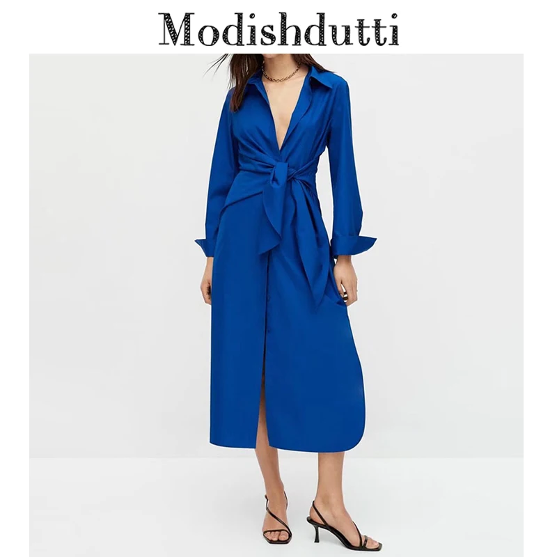 

Modishdutti 2022 New Fashion Blue Lacing Long Sleeve Shirt Dress Women Casual Solid Wild Elegant Midi Dresses Ladies Female