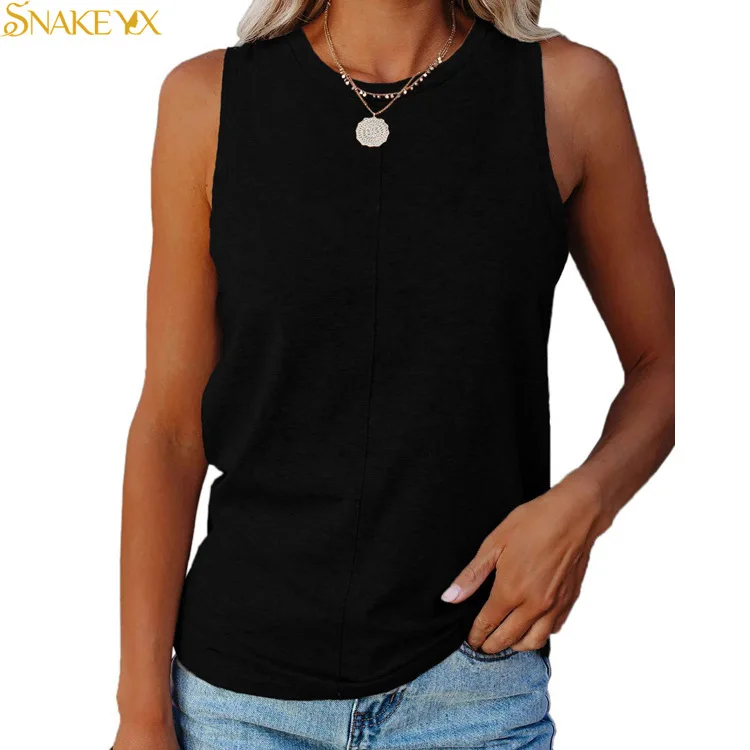 

SNAKE YX 2022 Summer New Women's Solid Color Top Clothes Round Neck Loose Vest