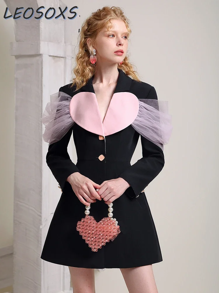 

Fall 2023 Black Suit Dress Women Sweet Pink Love Mesh Stitching Socialite Commuter Short Dress Slim Fit Mid-Length Suit Blazer