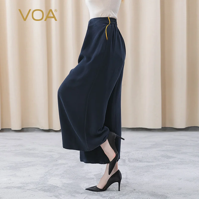 

VOA 30m/m Heavyweight Silk Trousers Navy Beef Tendon Waist Stereo Pleats Culottes Golden Edge Simple Wide Leg Pants Women KE212