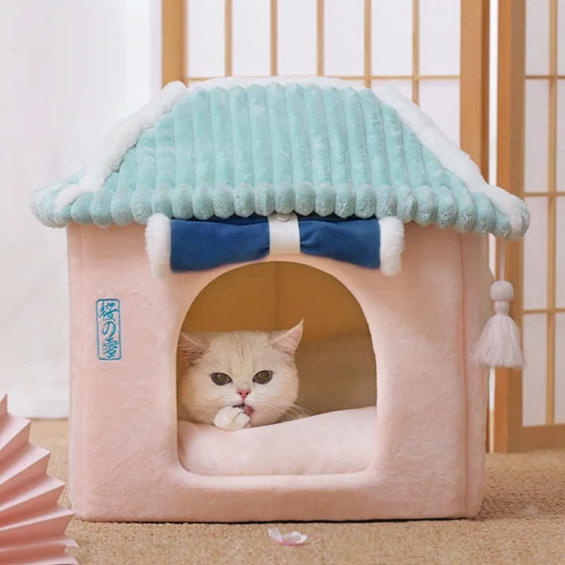 

Cute Cat Bed Warm Pet Cozy Kitten Fully Enclosed House Tent Soft Warm Small Dog Mat Washable Cave Cats Sleeping Beds Supplies