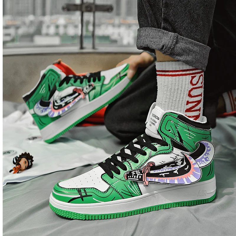 

Мужские кожаные кроссовки, высокие кеды, повседневная обувь для скейтборда, на плоской подошве, брендовые аниме, весна-осень