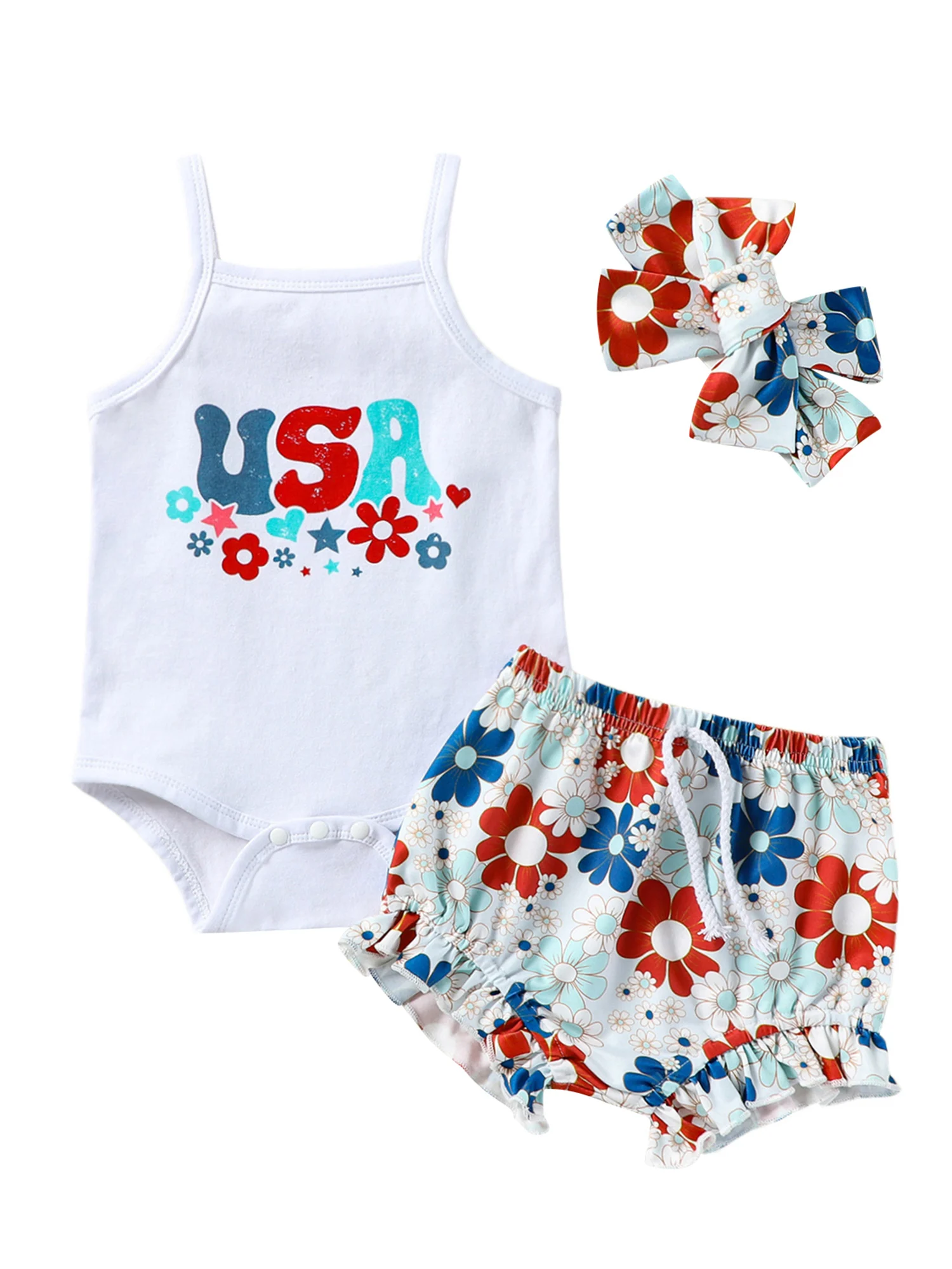 

4th of July Baby Girl Outfit Sleeveless USA Letter Print American Flag Romper Top Ruffle Bloomers 3Pcs Patriotic Set