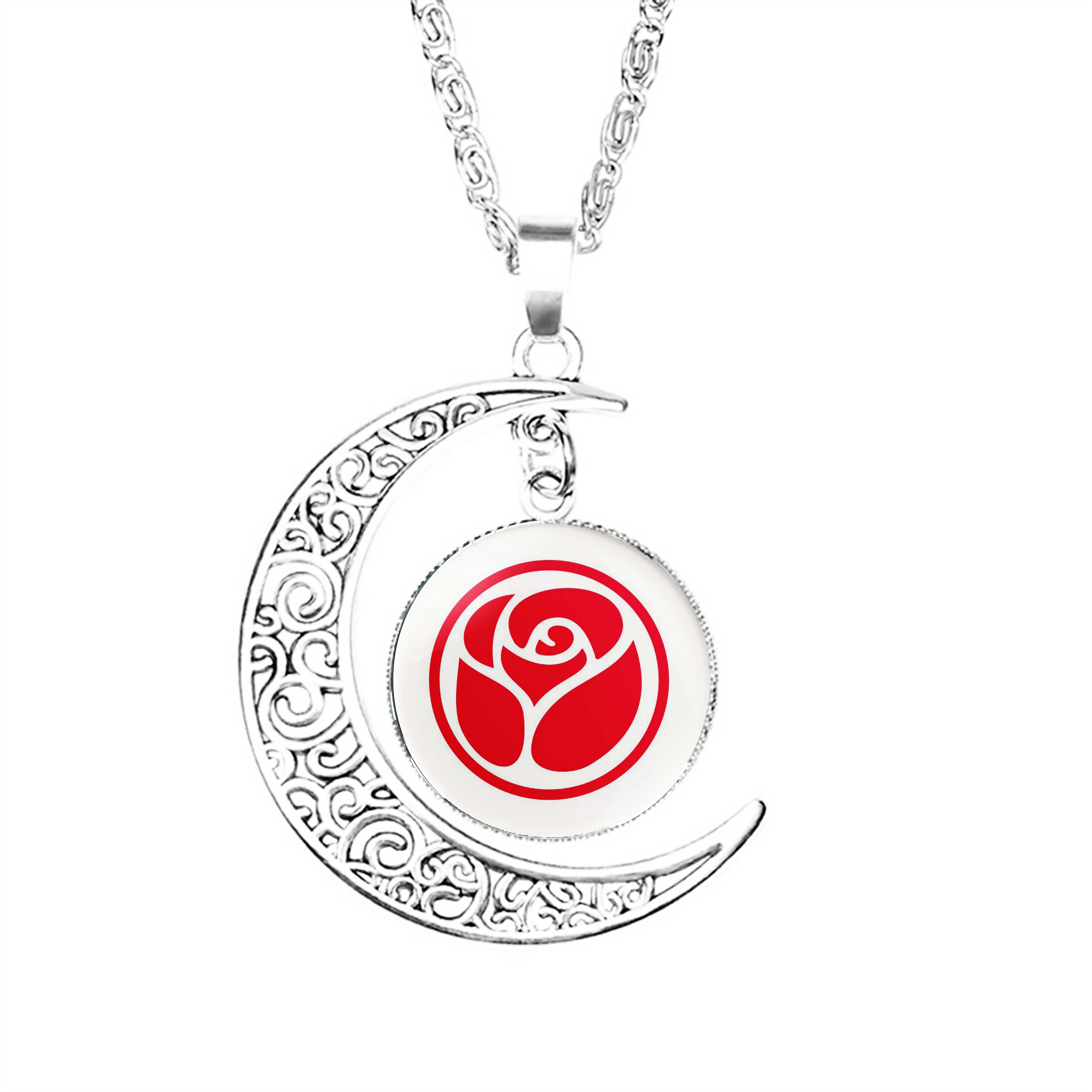 

Red Rose Logo Moon Necklace Gifts Crescent Women Men Fashion Chain Lady Pendant Dome Jewelry Stainless Steel Jewelry Charm Boy