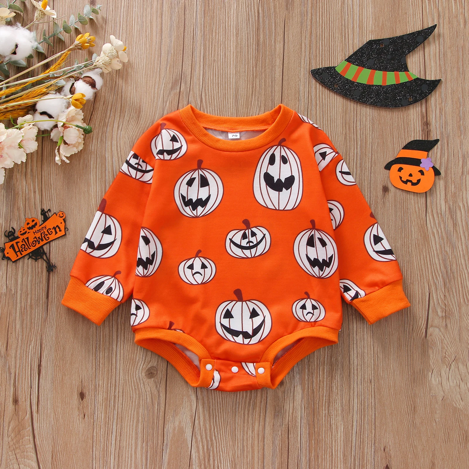 

Baby Romper Halloween Evil Pumpkin Print Long Sleeve Crew Neck Bottom Snap Bodysuits Cute Baby Jumpsuit Costume