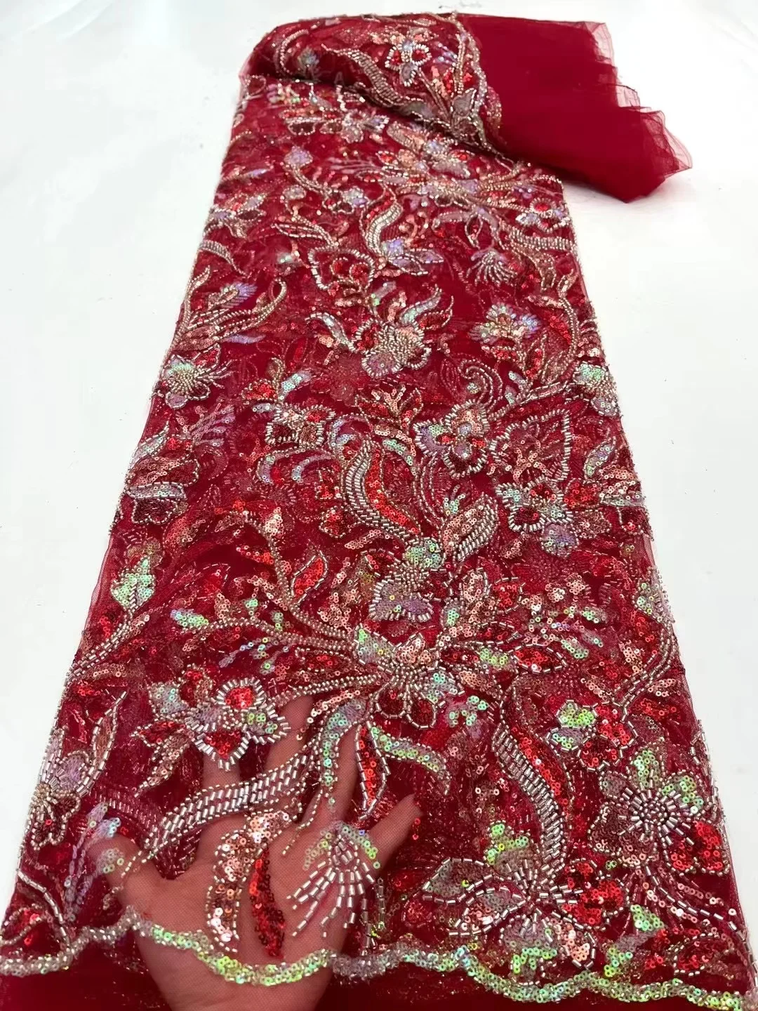 

Arrival Beaded French Net Lace Fabric peach African Tulle Lace Fabrics With Sequins Embroidery For Party Dress Material PL220-4