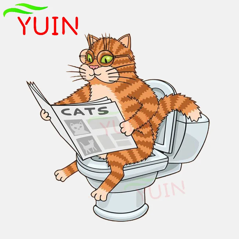 

Cat on The Toilet Wearing Glasses Reading A Newspaper Car Sticker Motorcycle Animal Decals Fashion PVC Decoration Decal 15*14cm