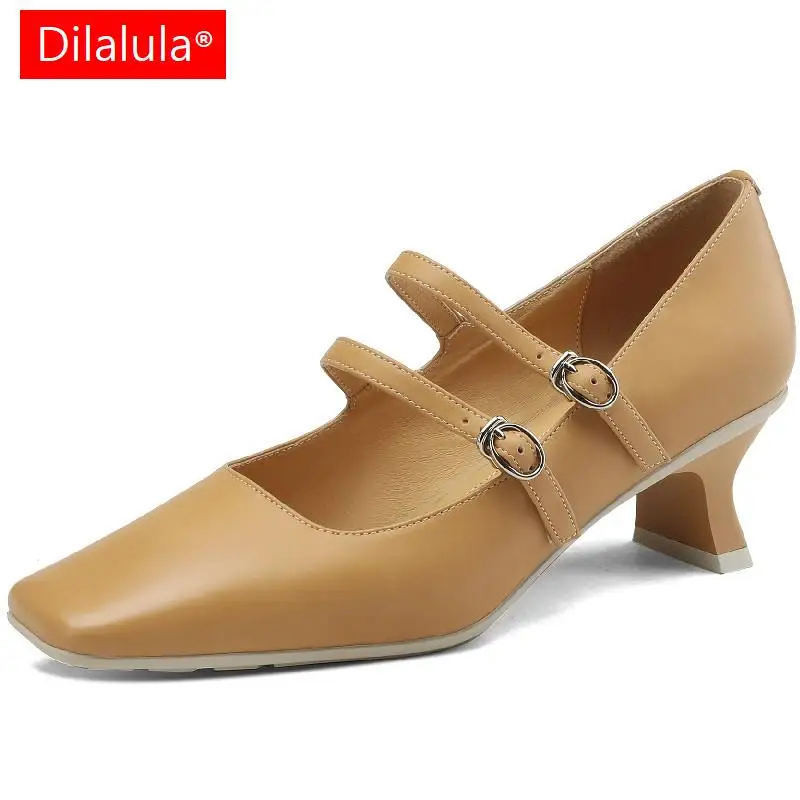 

Dilalula Spring Summer Vintage Elegant Women Pumps Genuine Leather Square Toe Strange Mary Janes Shoes Woman Party Office Ladies