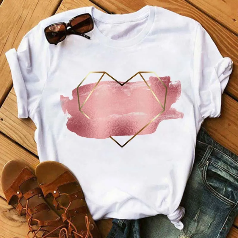 Купи Golden Heart Print Women T Shirt Short Sleeve O Neck Loose Women Tshirt Ladies Tee Shirt Tops Clothes Camisetas Mujer за 74 рублей в магазине AliExpress