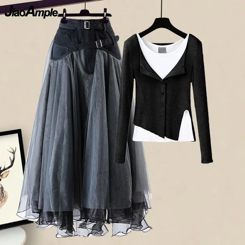 

Women's Spring Autumn Dress Two Piece Set 2023 New Korean Elegant Fake Two Piece Pullover Blouse + Patchwork Mesh Skirt Suit