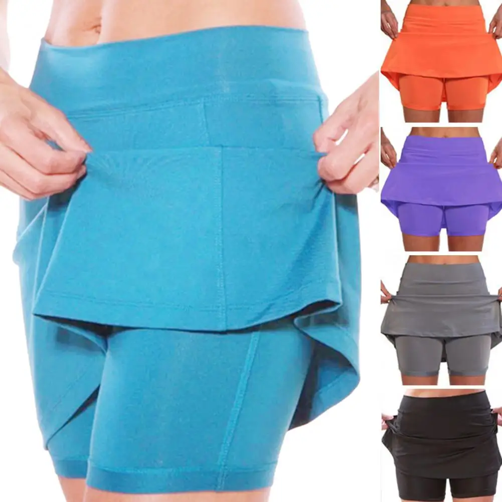 

Mini Women's Shorts Skirt Pocket A-Line Double Layers Yoga Pants Shorts Fitness Fake Two Piece Shorts Pants Skirt платье женско