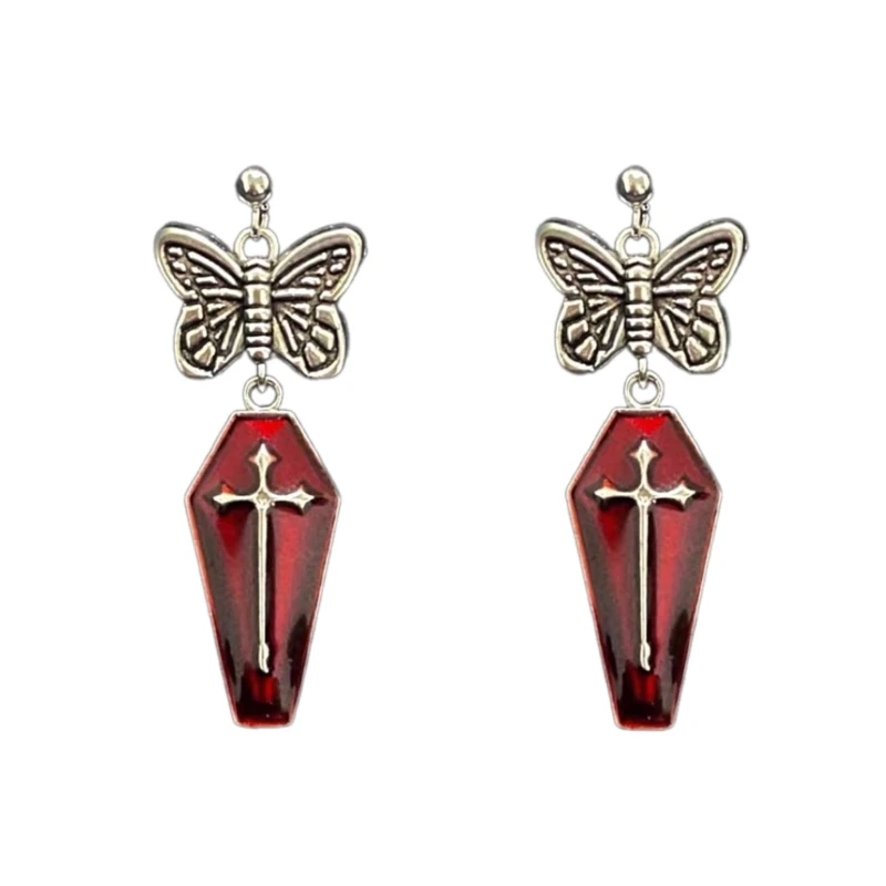 

Coffin Earrings for Halloween Cosplay Exaggerated Goth Butterfly Earring Dark Red Coffin Pendant Earrings Jewelry